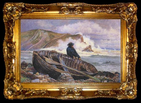 framed  William henry millair A Fisherman with his Dinghy at Lulworth Cove (mk46), ta009-2